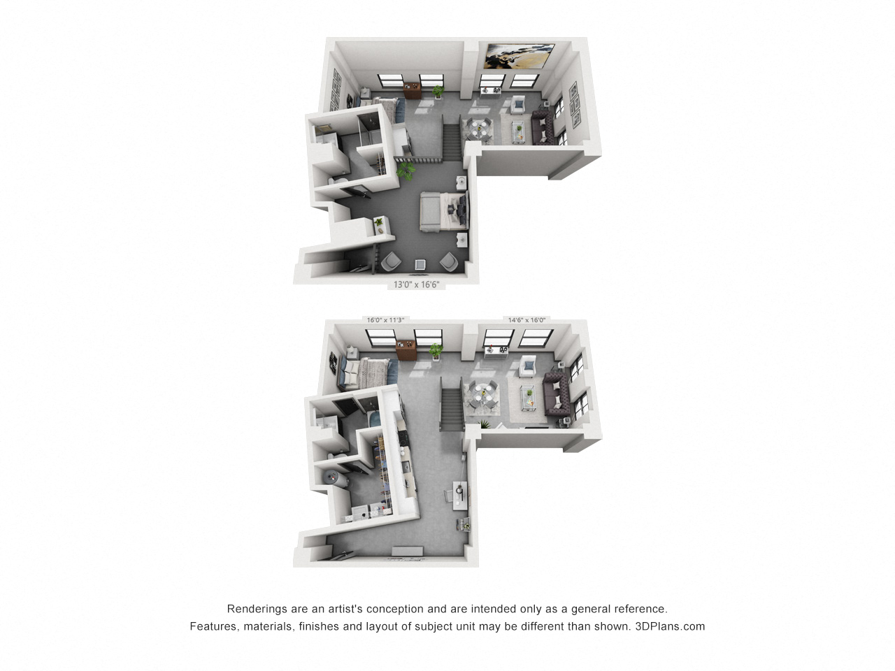 Floor plan for 2 beds, 2 baths, 1290 sqft